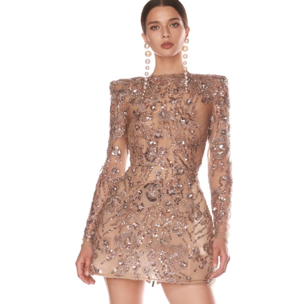 Bronx and Banco Venetian Sequin-Embellished Long Sleeve Mini Dress in Nude